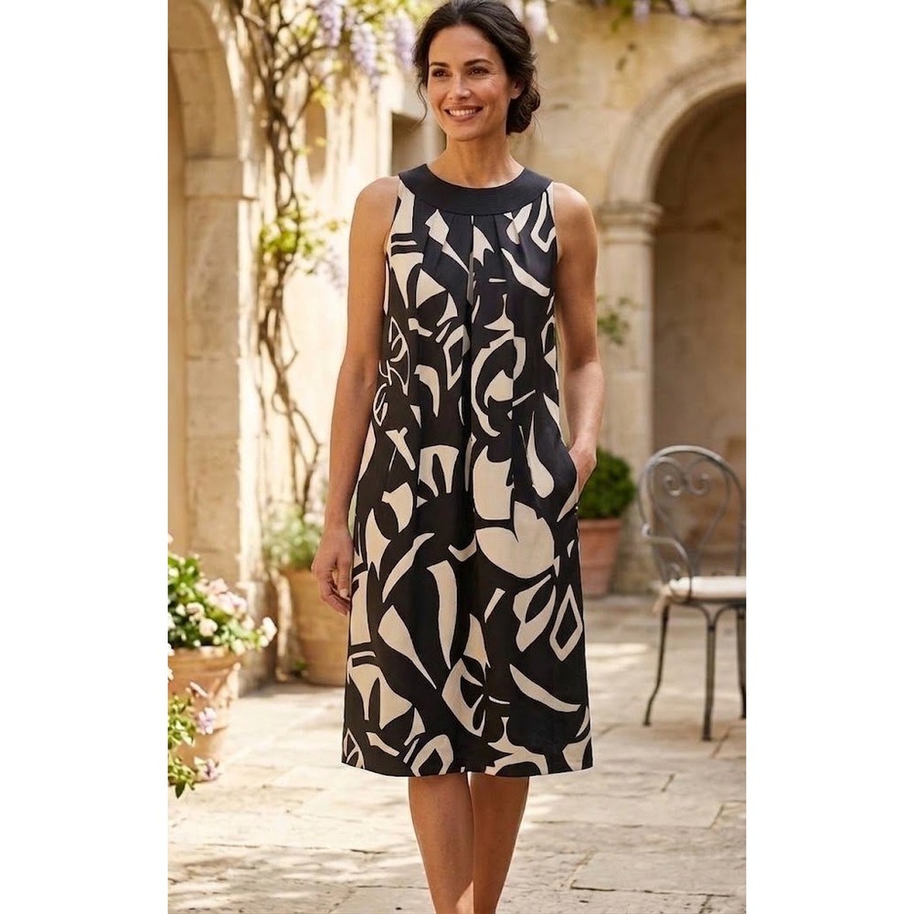 Talbots Collection Vintage 4 Black Ivory Silk Cotton Abstract Print Shift Dress